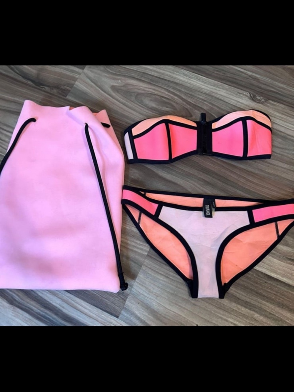 triangl swimwear Pink and Coral Neoprene Bikini Set with Matching Bag